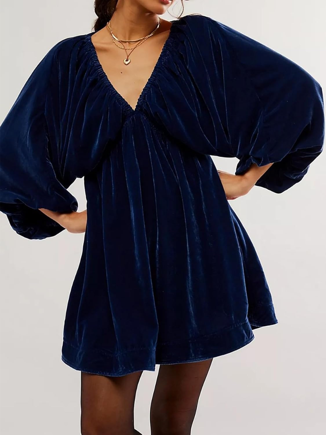 Women's Velvet Dress V Neck Casual Long Puff Sleeve Cocktail Velour Mini Dress Semi Formal Holiday Party Dress - Image 2