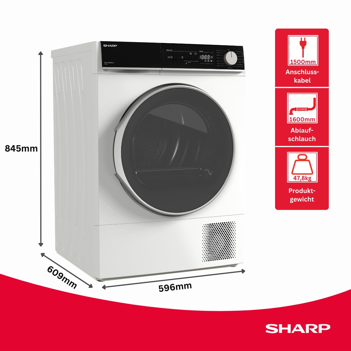 SHARP KD-NHA0S6GW1C-DE Wärmepumpentrockner (10 kg, EEK C), (15 Trockenprogramme, 20 Min. Kurzprogramm, Edelstahltrommel mit LED-Beleuchtung), Weiß