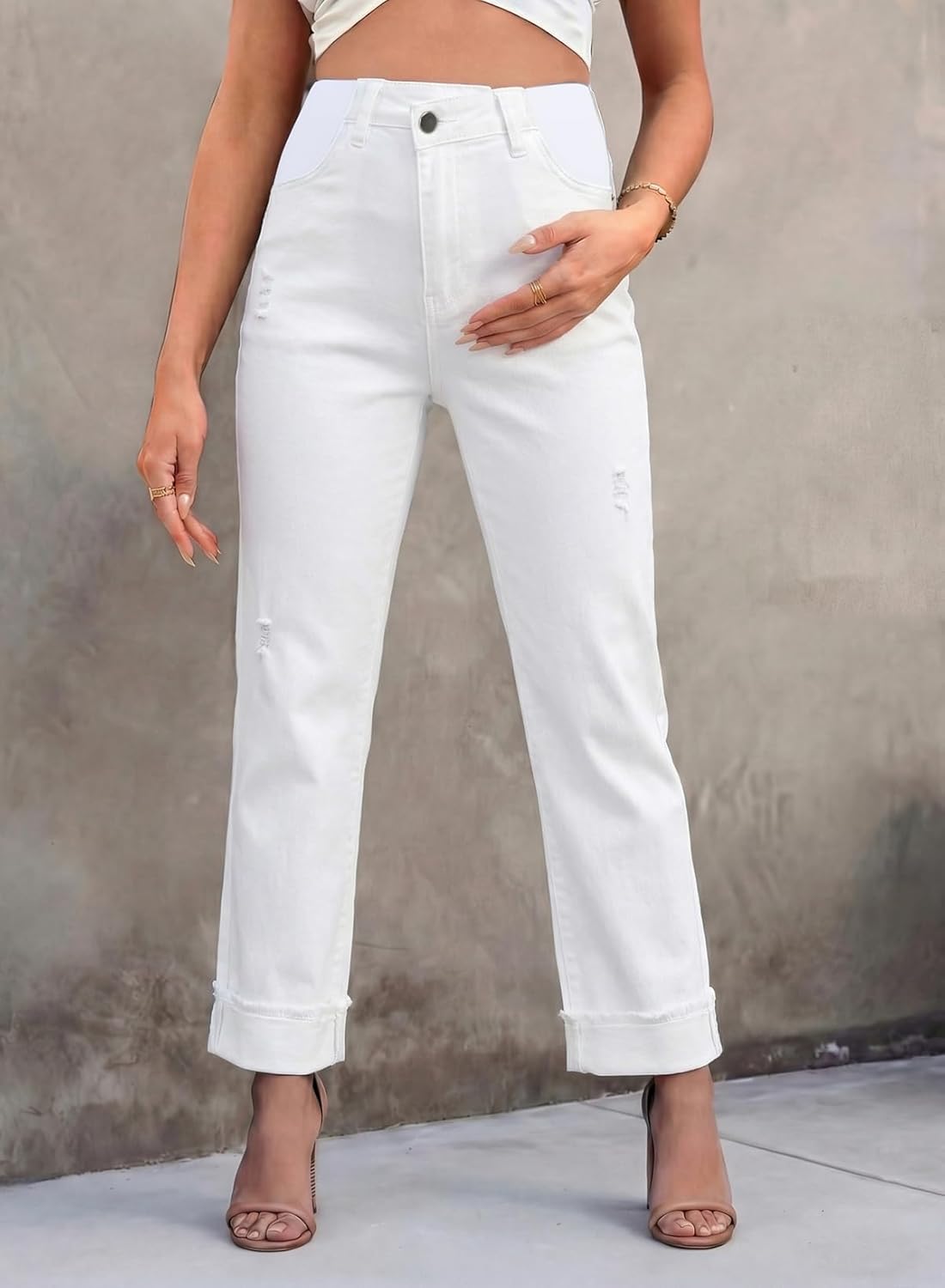 BLENCOT Women's Maternity Jeans Elastic Hight Waisted Stretchy Jeans Crisscross Waist Pregnancy Denim Pants with Raw Hem