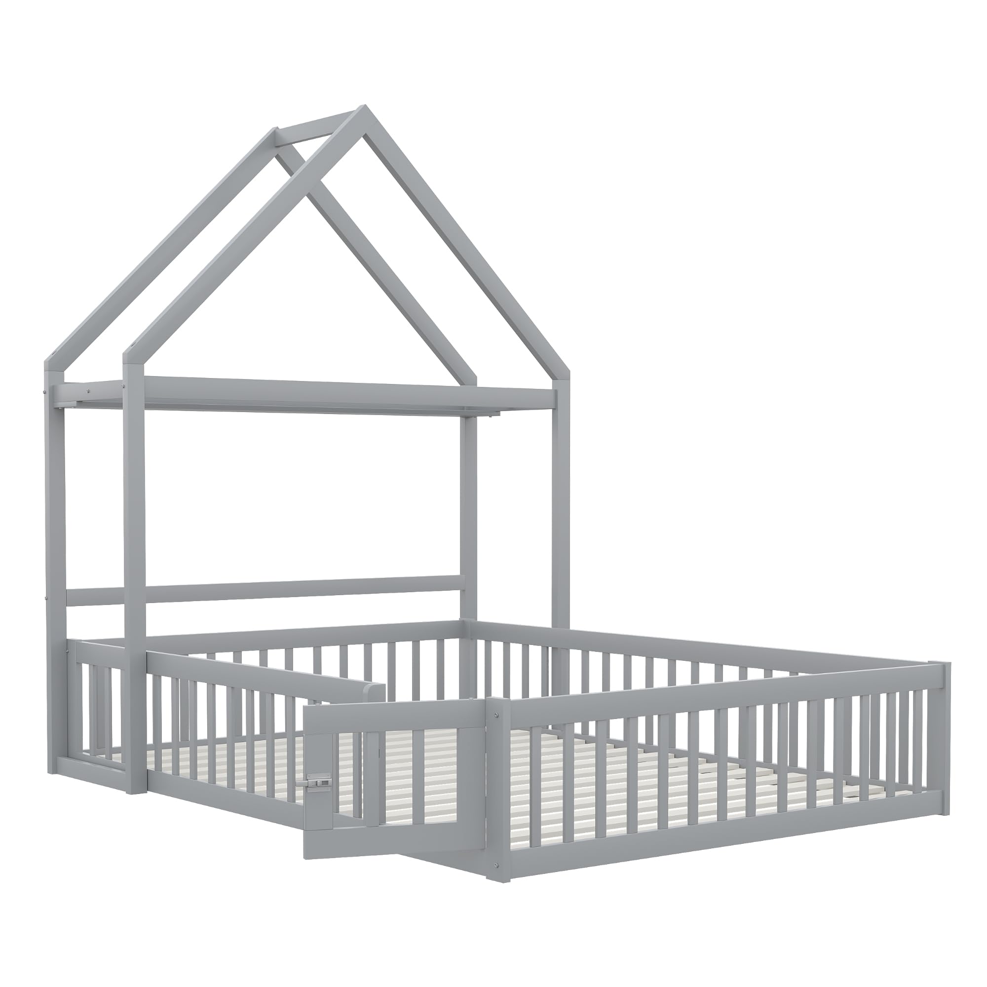 Merax Lit Enfant 140x200 cm Cabane au Sol avec Protection Antichute Sommier à Lattes Gris