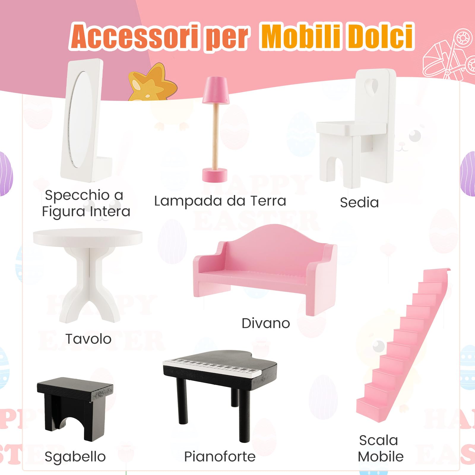 COSTWAY Casa delle Bambole in Legno per Bambini, Casetta delle Bambole con Stanze e Set di Mobili, 2 Grandi Lucernari e Carta da Parati, Regalo per Bambini 3+ Anni