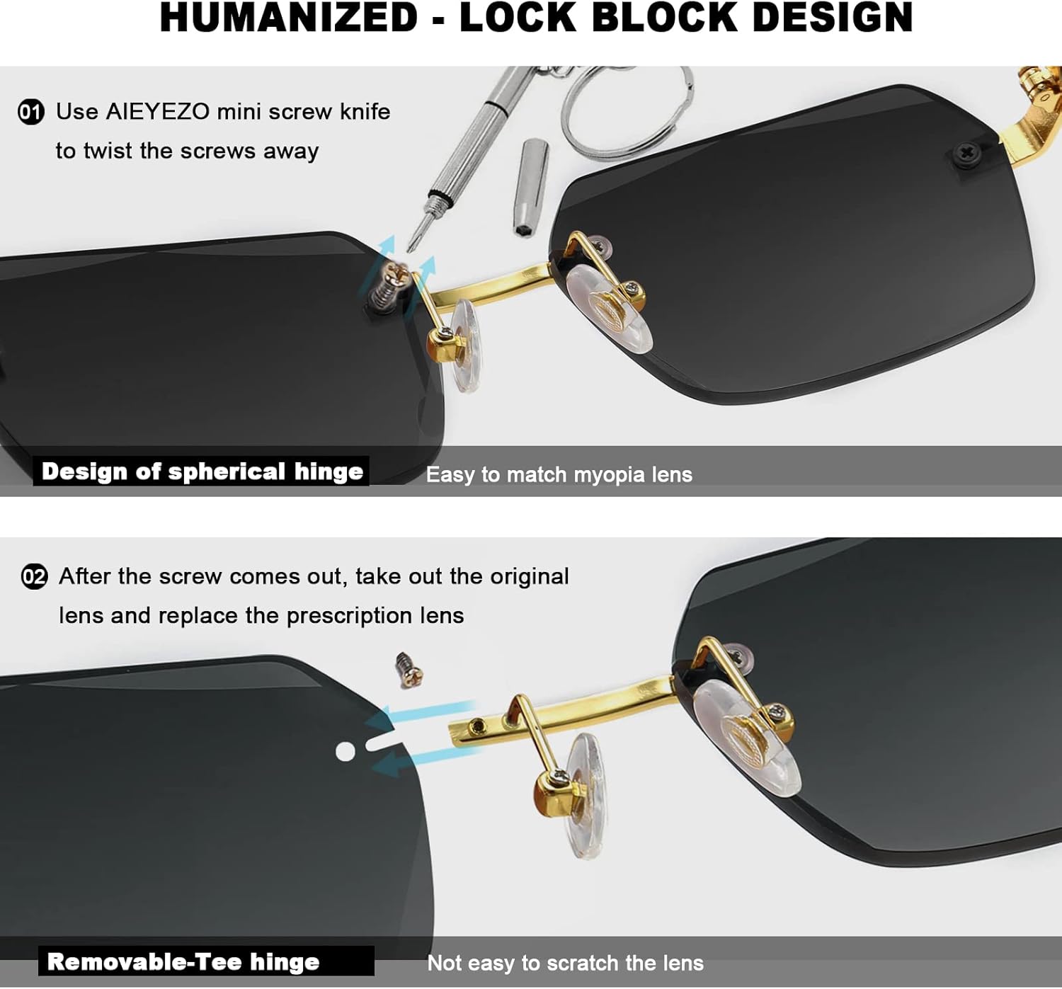 Miniatura 4 de AIEYEZO Gafas de sol retro sin montura rectangulares para mujeres y hombres sin marco gafas de sol cuadradas sin marco gafas tintadas
