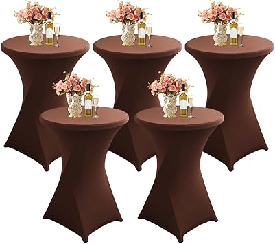 Cocktail Tablecloth 80x110cm, 2/3/4/5 PCS Stretch Spandex Cocktail Table Cover, Fitted Square Corners Poseur Table Cloth for Bar Wedding Cocktail Birthday Party,Brown,5pcs