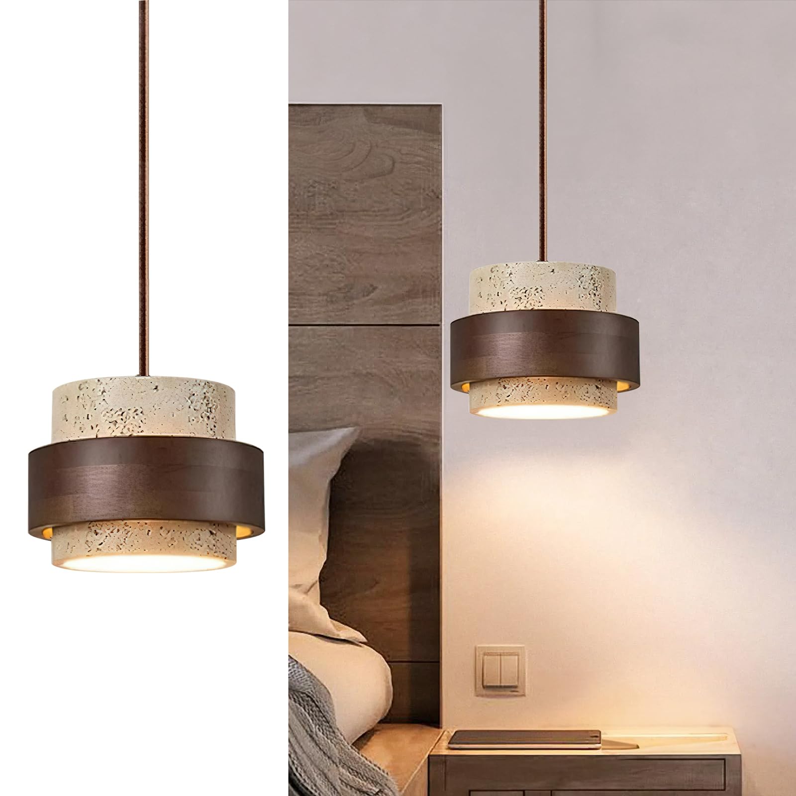 CKENSU Wabi Sabi Pendant Light, Natural Travertine Stone & Wood