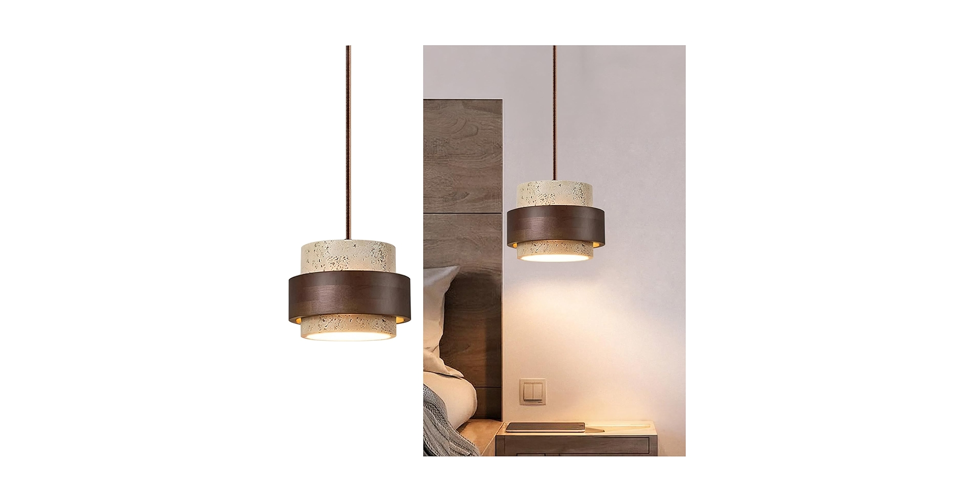 【kearny】nupuri light brown CKENSU Wabi Sabi Pendant Light, Natural Travertine Stone & Wood