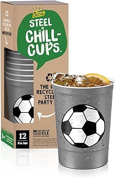 Steel Chill Cups 16 oz. Party Cup Soccer Design for Cold Drinks, Durable, Disposable, Recyclable, Made in USA, Gray, 12 Count