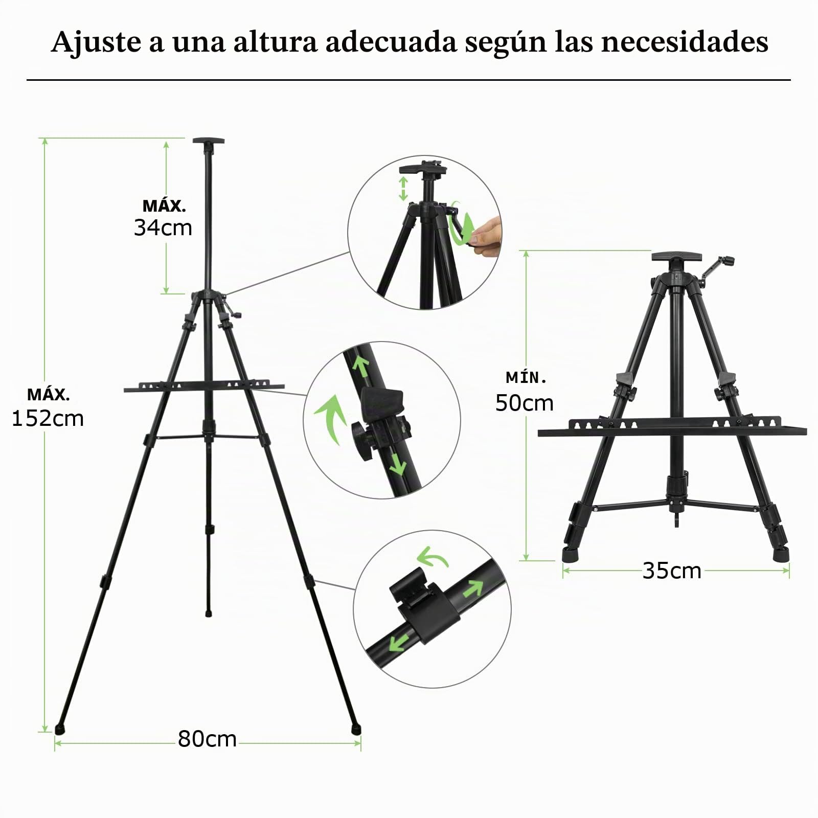 Caballete Grande 50-152cm Caballete de aluminio para estudio con lienzo soporte de pintura portátil con bolsa trípode para pintura y publicidad, Negro