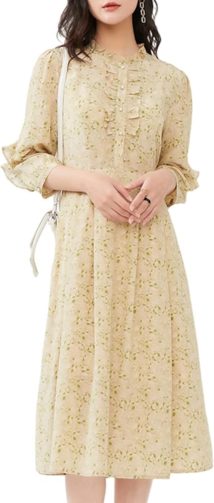 mid length flowy dresses SHJINJU Women's 100% Mulberry Silk Dress Round Neck Fungus Edge Party A-Line Dress,Beige,XXL at Amazon Women's Clothing store $0 -$30 Size:10.5 E Mock 