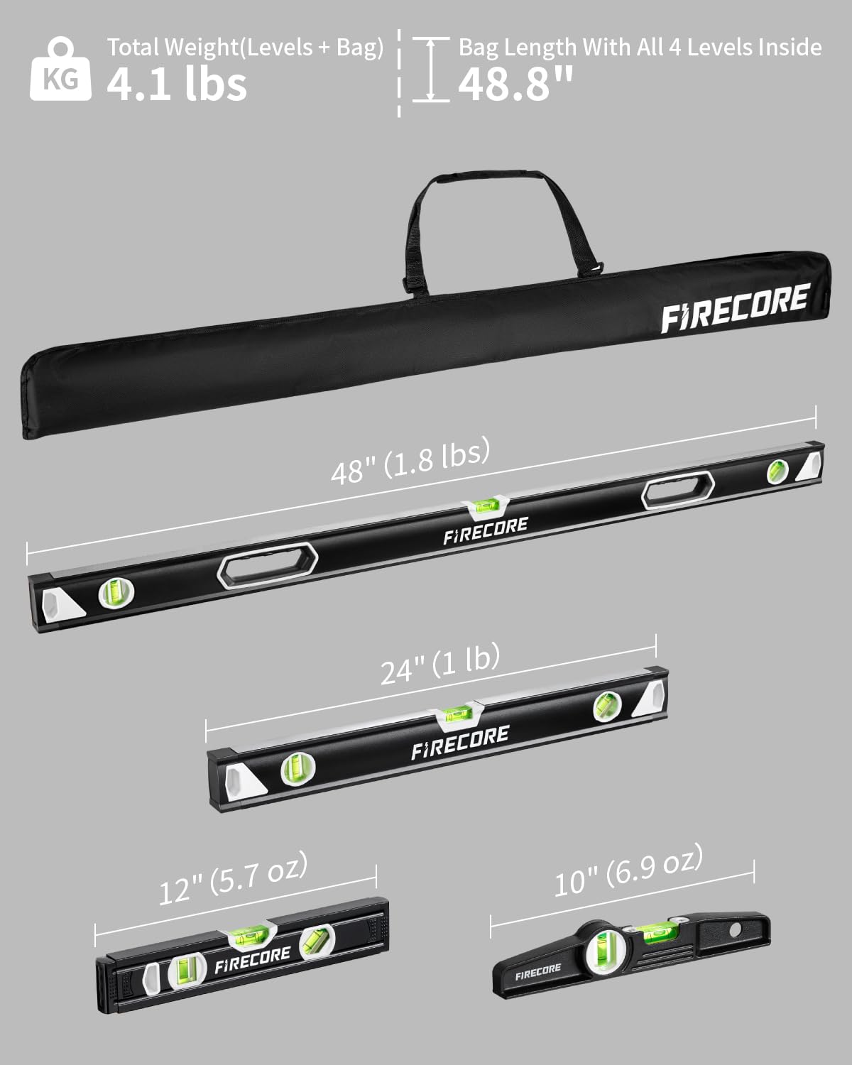 Firecore Set di 4 livelle a bolla magnetica con borsa in nylon, antiurto, in alluminio, per costruttori, fai da te, carpenteria, edilizia e miglioramento della casa, 4 pezzi (120 cm, 60 cm, 30 cm, 25