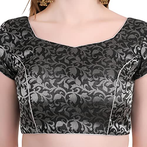 Image of Women's Short Sleeve Brocade (Chanderi) Readymade Stitched Saree Blouse Ready to Wear Half Sleeves Ladies Blouse