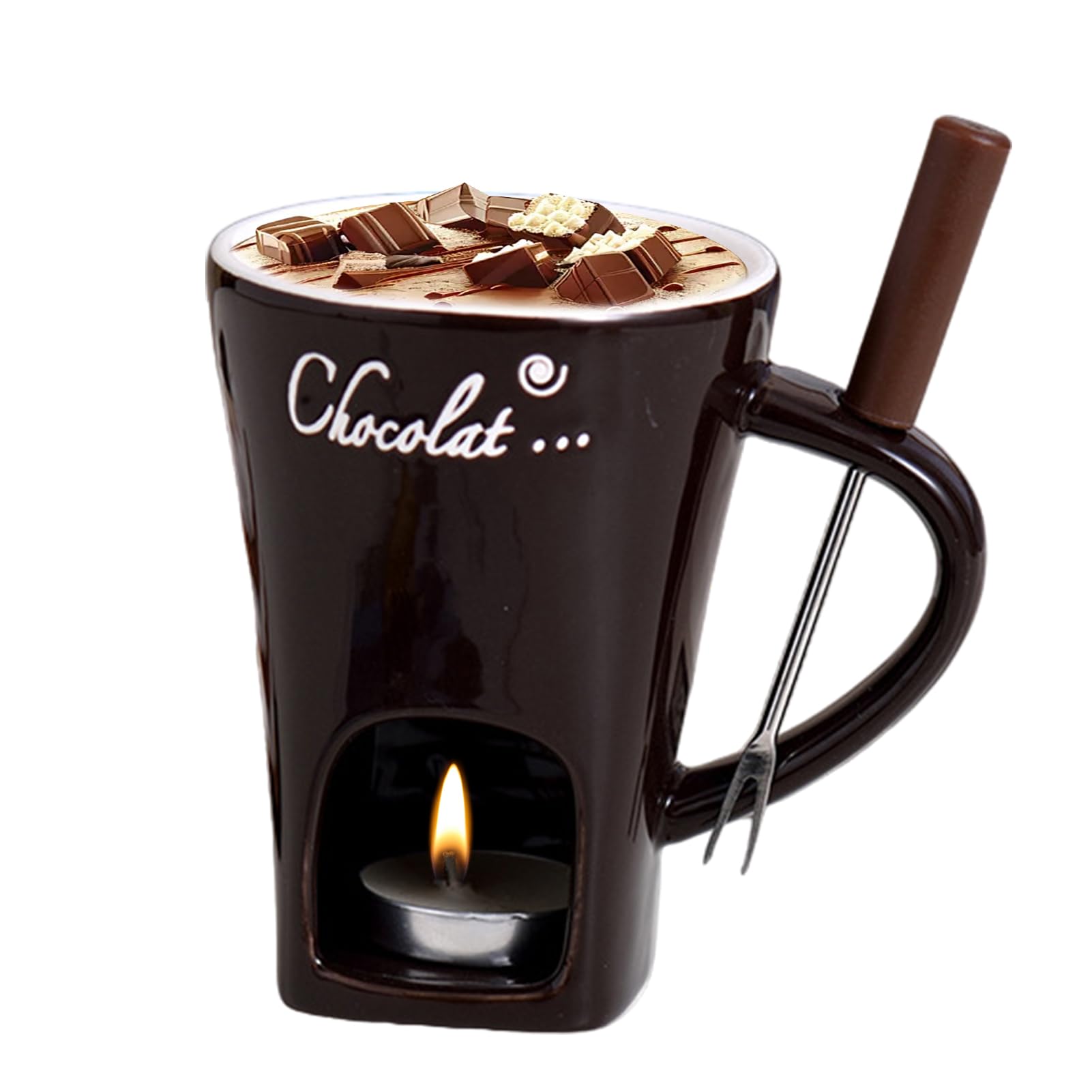 Chocolate fondue cup, ceramic chocolate fondue set, cheese melting cup with tea light holder and forks, chocolate melting pot, cheese fondue pot, tea light fondue melting pot for sweets, butter