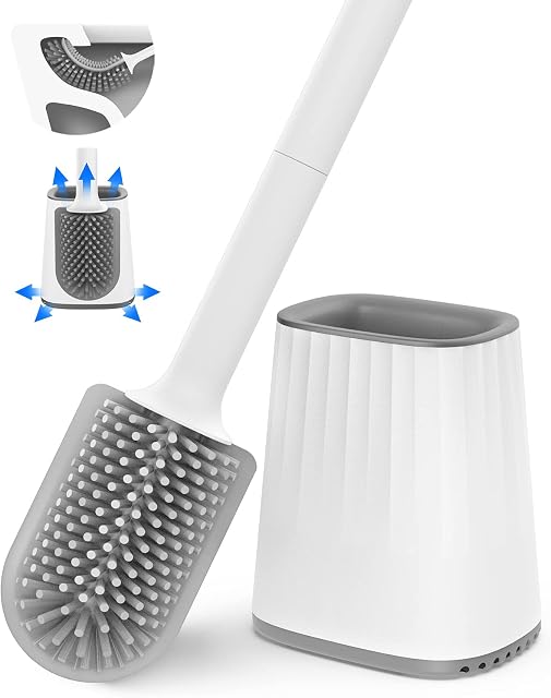 Toilet Brush, Silicone Toilet Brush with Holder Set, Dead Corner Deep Cleaning Loo Brush & Quick Drying Holder & Wall Mounted Flexible Long Handled Toilet Brushes for Bathroom (White)