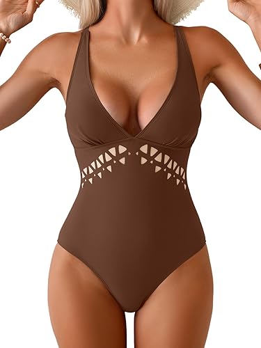 Aidonger Women's One Piece Swimsuit Tummy Control V Neck Bathing Suit Cutout Swi