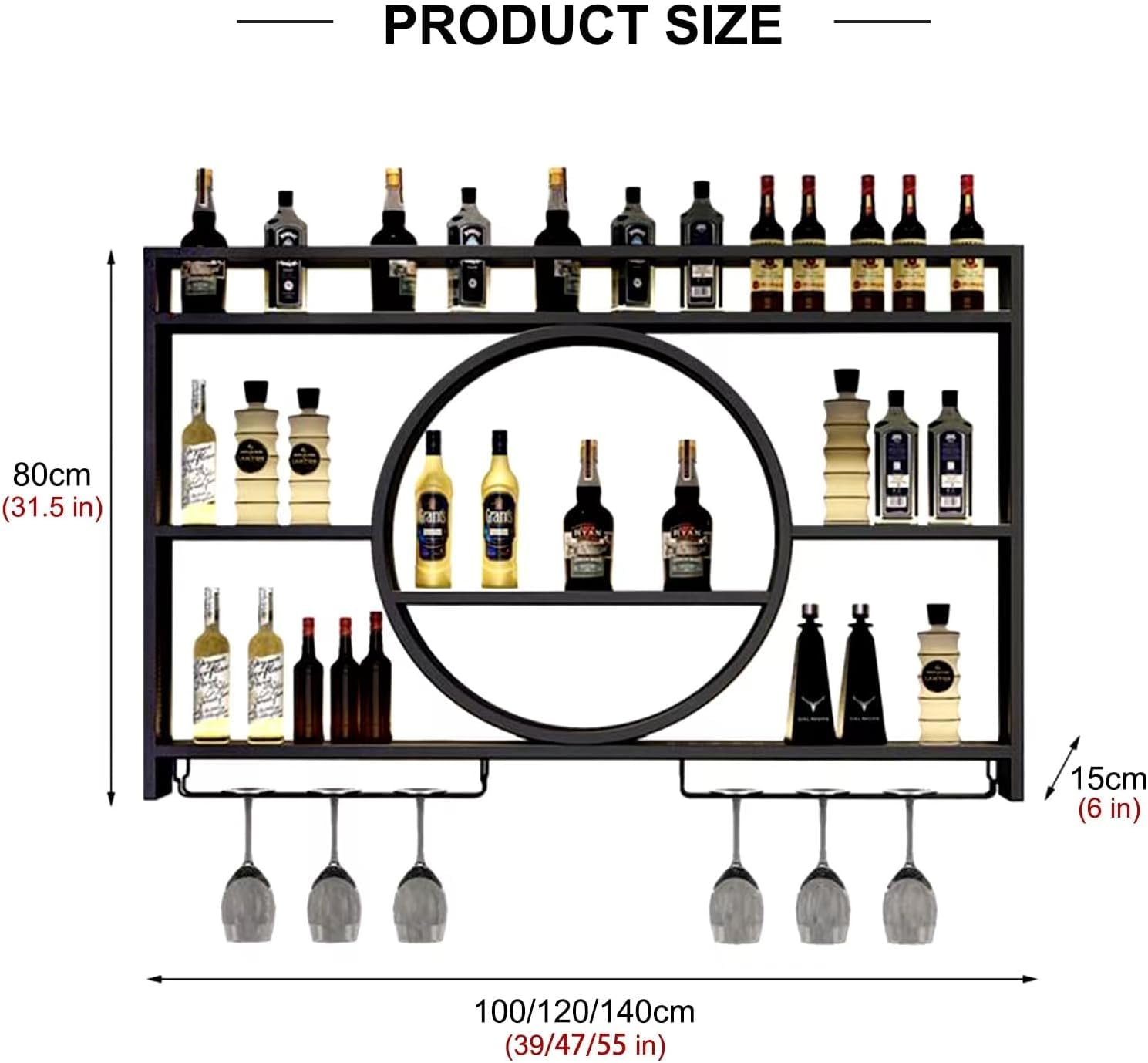 Porte Bouteille Mural, MéTal Etagere Vin avec Porte-Verre, Moderne Flottantes en Casier à Bouteilles, Polyvalentes EtagèRe Murale, Casier à Vin pour Cuisines Salle à Manger Bar (Noir,100x15x80cm)