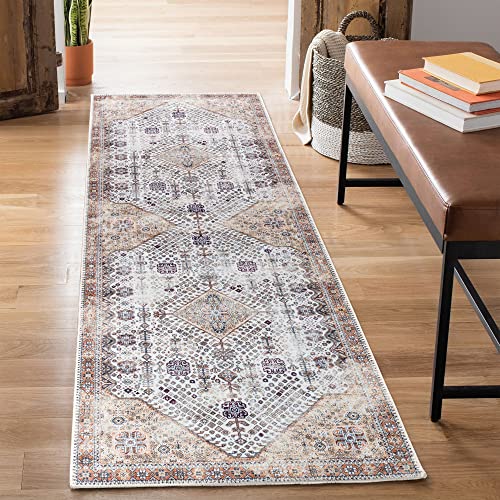 Bloom Rugs Washable Non-Slip 7 Ft Runner - Sand/Orange/Purple Traditional Medallion Runner For Entryway, Hallway, Bathroom, And Kitchen - Exact Size: 2.5' X 7' #TOP7