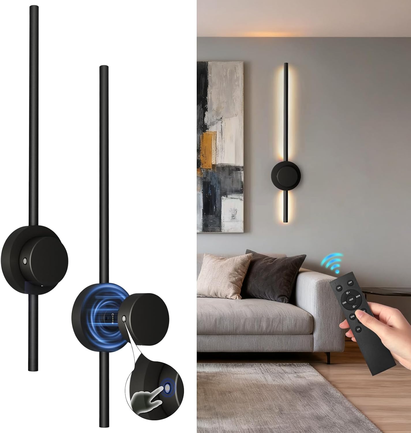 Rechargeable Wall Sconce Lights with Remote, Battery Operated Wall Lights 3 Color Temperature, Dimmable Wireless Wall Lamp Black 70CM for Living Room Bedroom Hallway 2 Pack