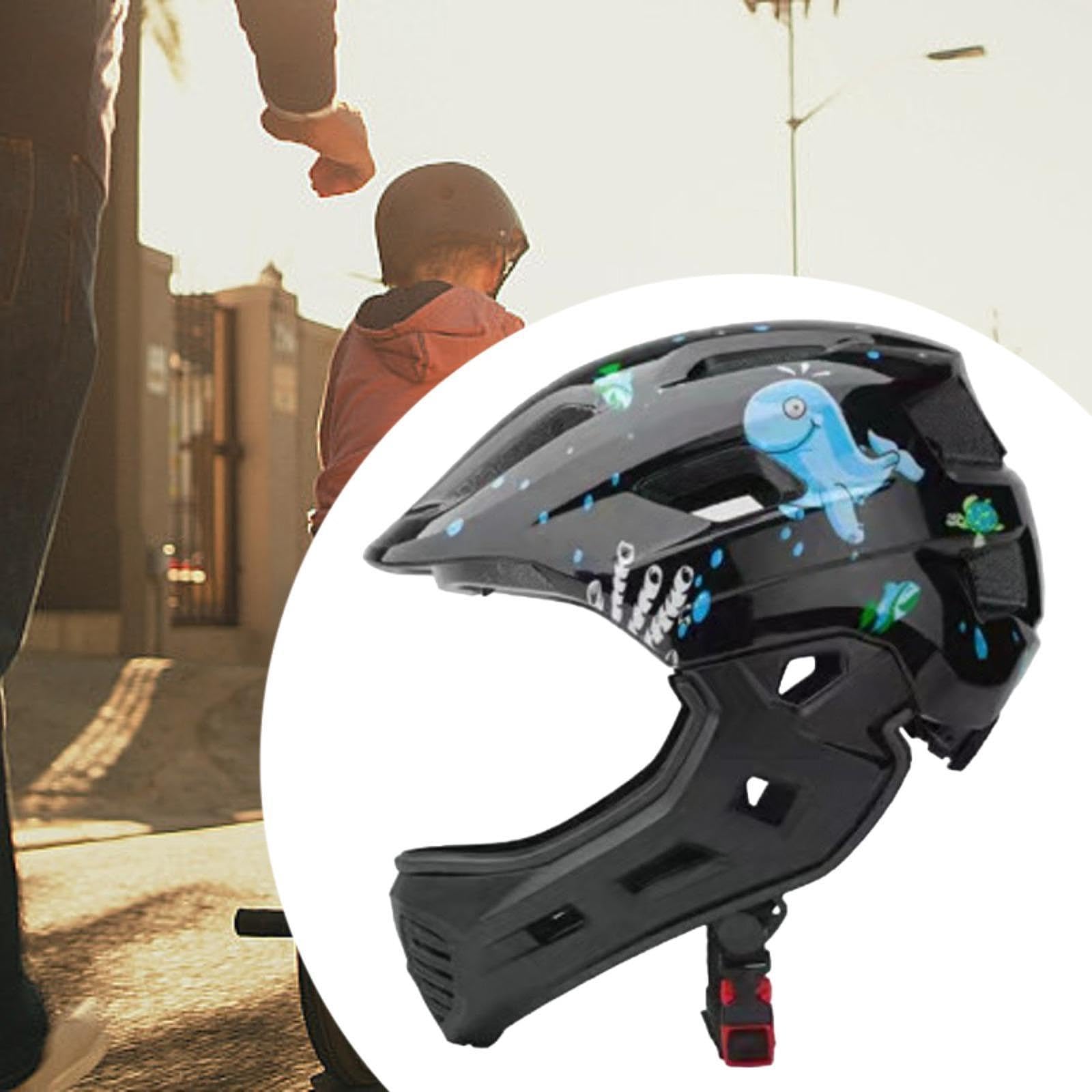 Casque Intégral Enfant Velo avec Mentonnière, Taille Ajustable 48-58 cm, Design Respirant, Lumière Arrière