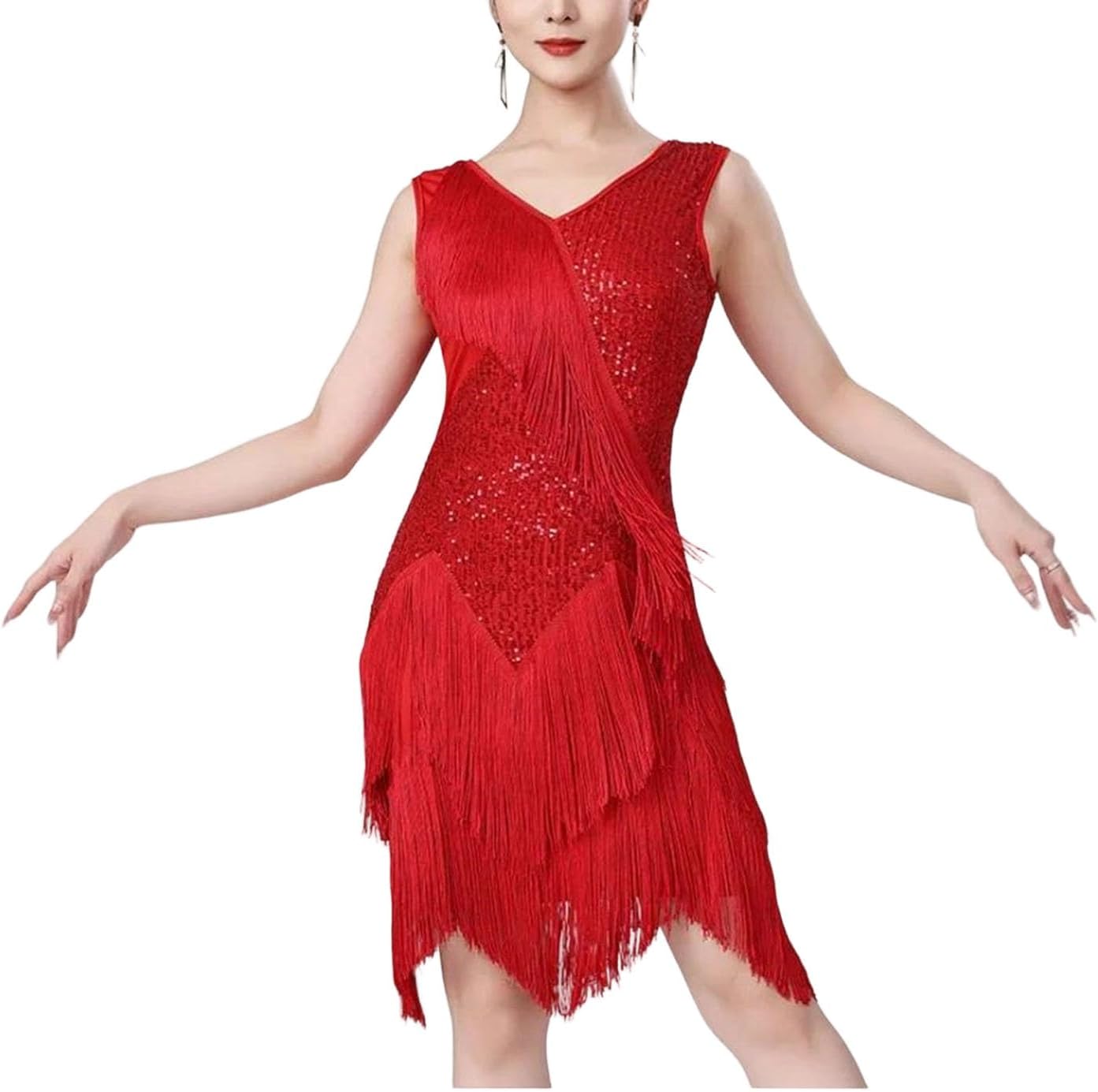 Women Vintage Sequin Tassel Latin Dress Winter Sleeveless Patchwork Long Fringe Outfit