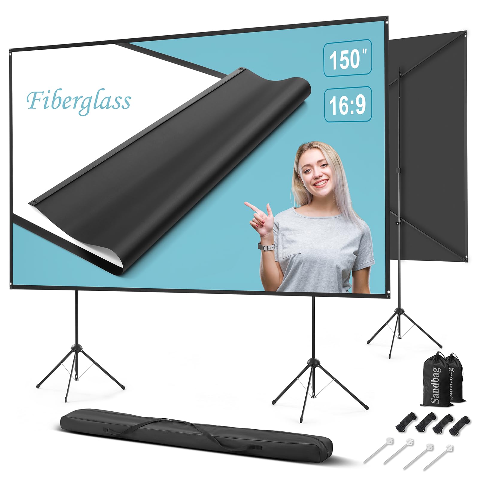 Beamer Leinwand Outdoor mit Stativ, 150 Zoll (16:9), Tragbar Projektor Leinwand, Windresistente Projektionsleinwand, Fiberglas, Stabiler Rückhalt, Stativ-/Wandmontage, für Gartenpartys, Heimkino.