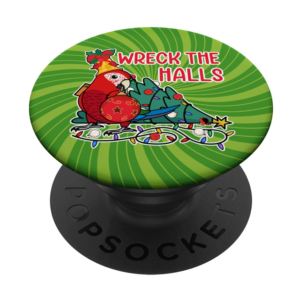 Parrot Wrecks The Halls I Green-winged Macaw PopSockets Swappable PopGrip, Black