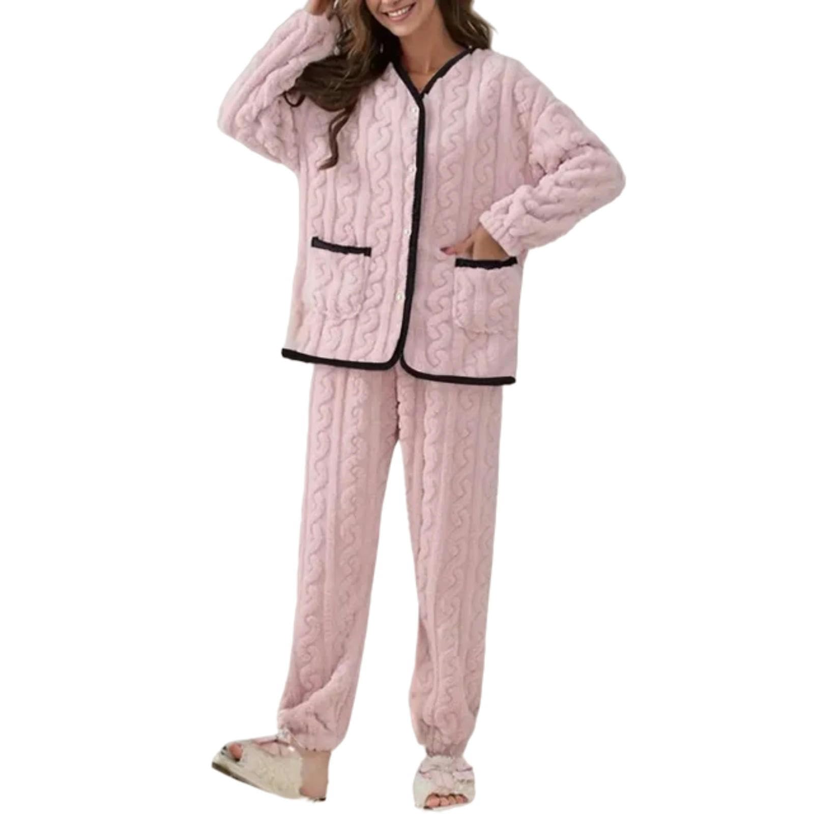 MdybF Pijamas de Mujer de Algodon Bolsillo De Pijama 2 Ropa Casual Pijama Largo Pijama Esponjoso Traje De Calentamiento Manga Cálida Traje De Invierno Femenino Otoño