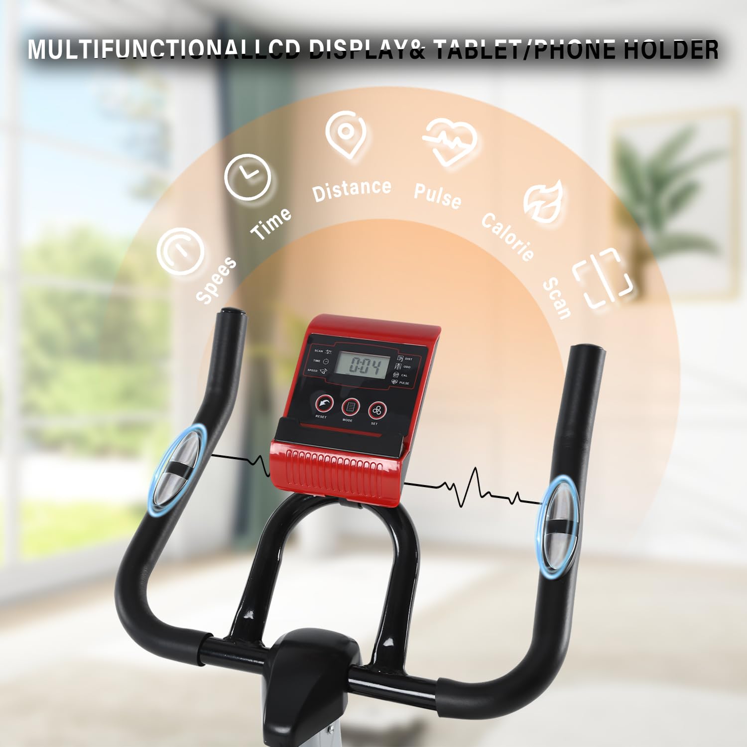 ISE Cyclette da Casa, Cyclette da Fitness per Interni, Cyclette per Casa con Volano 8KG, Sensore Cardiaco/Schermo/Ruota di Trasporto, Cyclette Professionale Ergonomica, Cyclette con Resistenza
