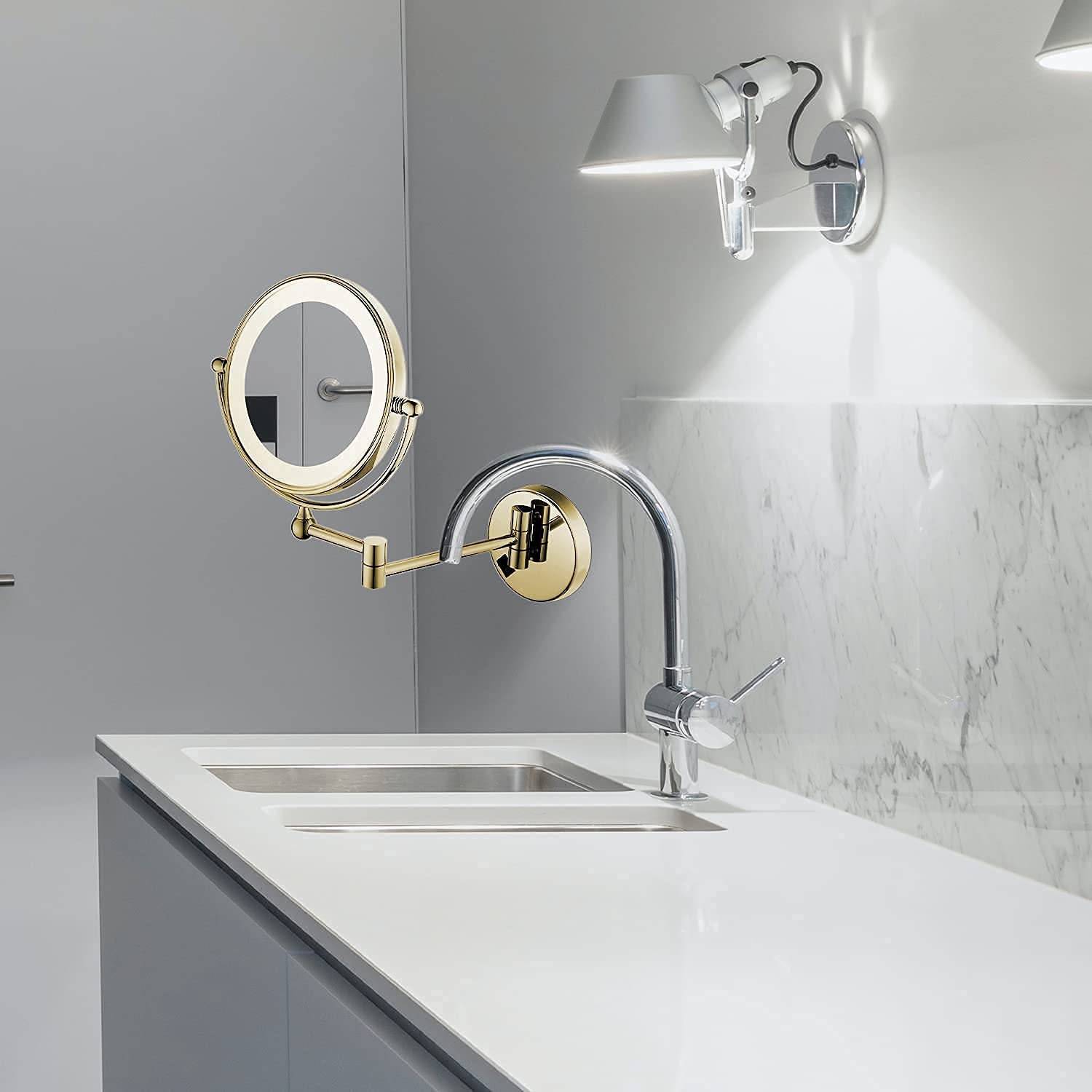 DowryEspejo cosmético con iluminación para pared, dorado con aumento 1X/7X, giratorio 360°, aumento ampliado con luz para baño, hotel, spa