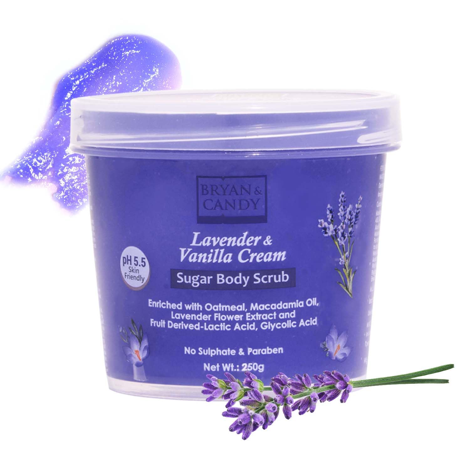 Bryan & Candy Sugar Body Scrub PH 5.5 For Tan Removal & Exfoliation | For Women & Men | 250g (Lavender & Vanilla Cream)