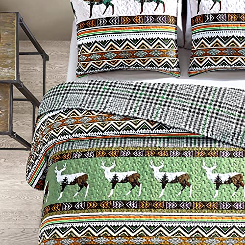 Mocaletto Luxury 3 Piece Queen Size Boho Quilts,Elegant&Reversible Rustic Deer Lodge Cabin Quilt Set Bedding Set With Pillow Shams,Bohemian Stripes Bedspread Lightweight Microfiber Queen Size Coverlet #TOP3
