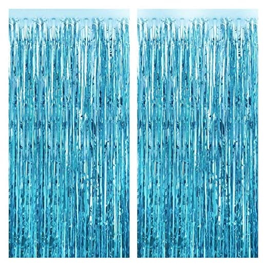 FECEDY 2pcs 3ft x 8.3ft Light Blue Metallic Tinsel Foil Fringe Curtains Photo Booth Props for Birthday Wedding Engagement Bridal Shower Baby Shower Bachelorette Holiday Celebration Party Decorations