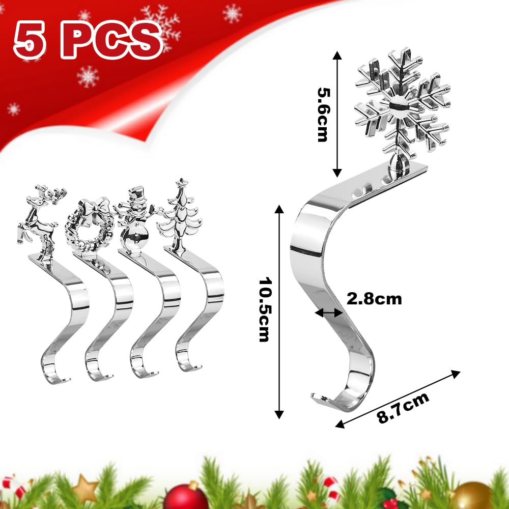 NAROSEBE 5 Ganci Calze Camino Supporto per Calza di Natale Robusti Antiscivolo Porta Calze di Natale Argentato per la Festa di Natale Decorazione del Camino