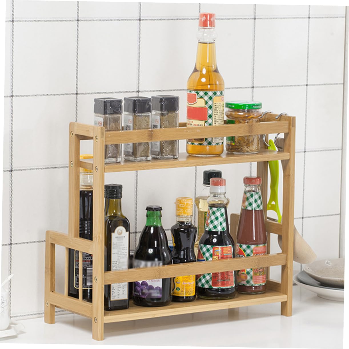 Mikikit Organizador de Especias de 2 Niveles que Ahorra Espacio de Bambú Beige, Estante Multifunción para Cocina Adecuado Lugar