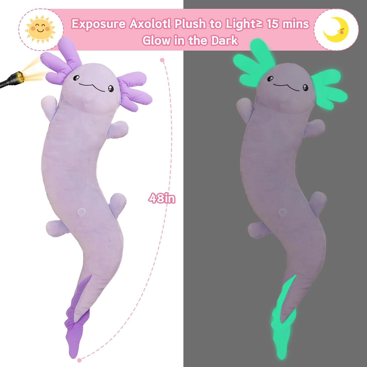 MaoGoLan Giant Axolotl Plush Toy Stuffed Animal, Huge Axolotl Body Pillow for Kids Girl Boy, Long Purple Salamander Plush Glow in The Dark, Valentine Birthday Gifts Holiday Easter Decor