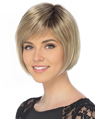 RENERSHOW Pelucas cortas rubias estilo Bob para mujeres blancas, rubio degradado, con reflejos, peluca Pixie Bob con flequillo, longitud de barbilla