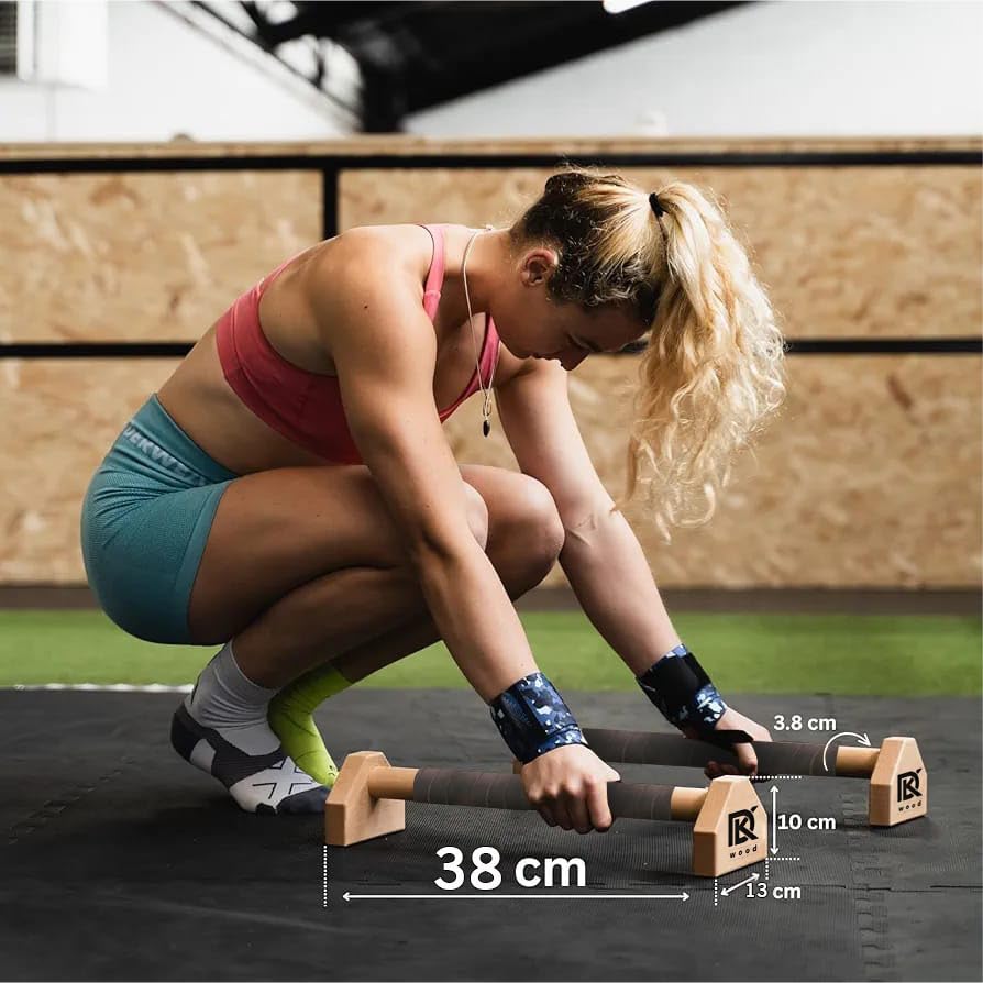 Image of CALI SPORTS Calisthenics Wood Parallettes Bars | Push Up Bar That Will Not Slip or Wobble | Wrist Wraps Included (Long) NATURAL WOOD