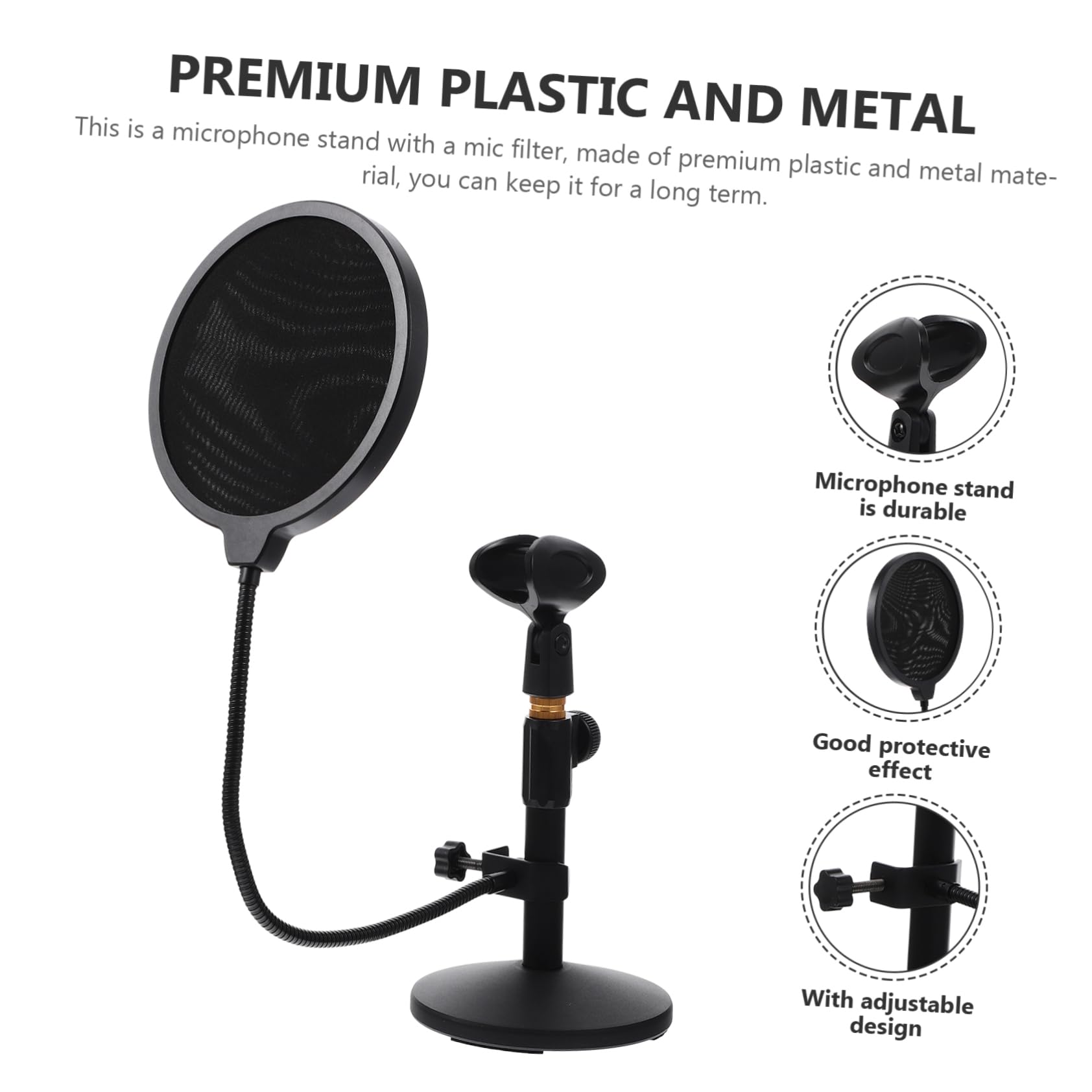 Supporto Microfono da Tavolo Regolabile con Base Tonda Nera | Metallo e Plastica, per Broadcasting e Live Broadcasting, con Filtro Anti Vento e Anti Saliva