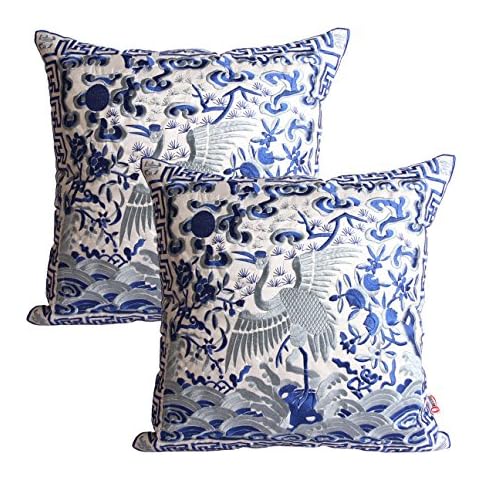 Queenie - 2 Pcs Silky Oriental Chinese Phoenix Embroidered Decorative Throw Pillow Case Cushion Cover 17.25 x 17.25 Inch 44 x 44 cm (CS94 Blue & Off White) Cover