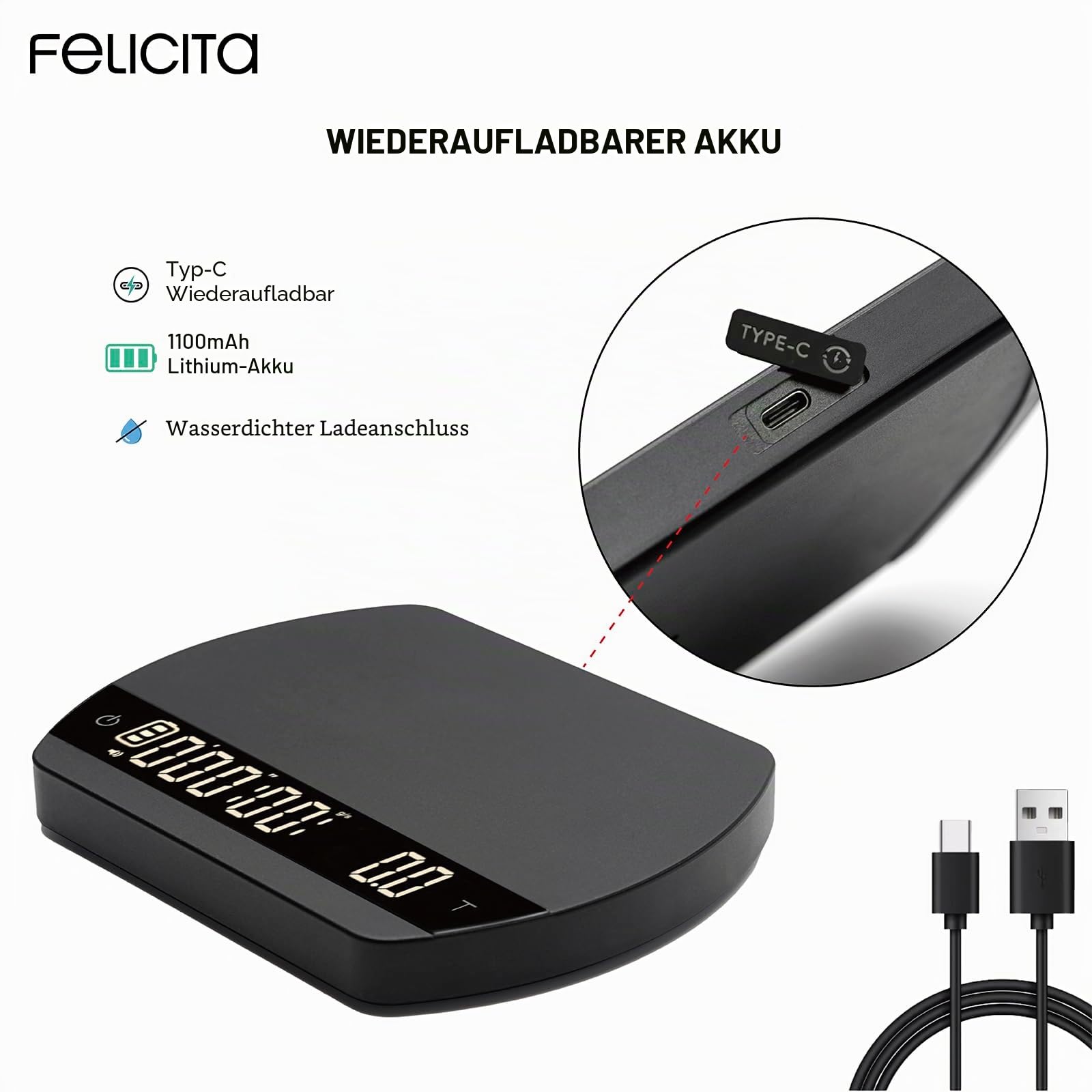 FELICITA ARC Kaffeewaage, Elektronische Espressowaage und Pour-Over Kaffeewaage mit Timer, 0,1 g Genaue, Wasserdurchflussmenge und Auto-Timing-Funktionen mit 5 Arbeitsmodi