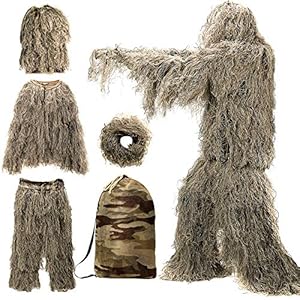DoCred 5 in 1 Ghillie Suit, 3D Camouflage Hunting Apparel w/Jacket, Pants, Hood, Carry Bag for Adults/Youth, S/M/L/XL/XXL