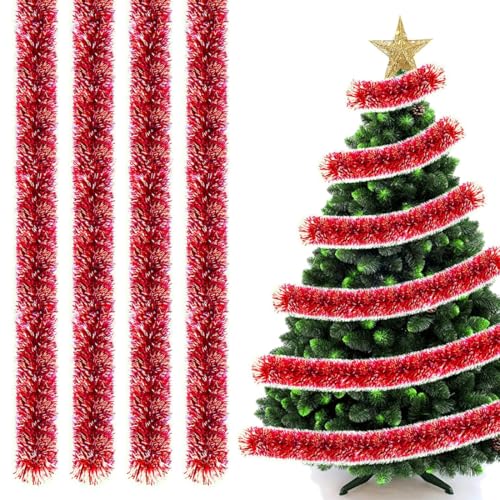 OIXEYA Guirlande de Noel Sapin, 4pcs Guirlandes Tinsel Noël, pour Mariage Anniversaire Fête Murs Fenêtres Sapin Decoration Noël, 2m X 9cm, Rouge