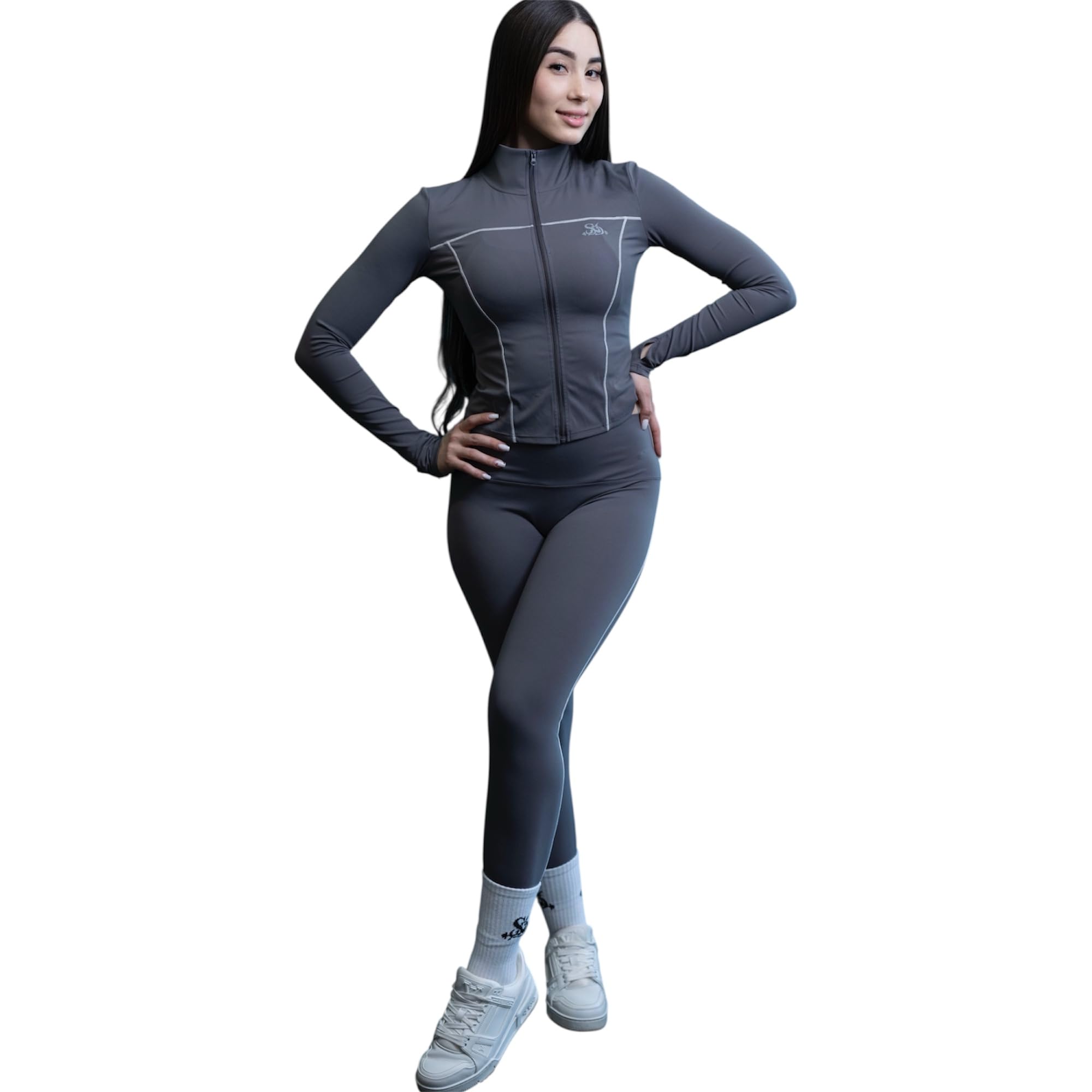 Womens Athletic Workout Set Gray 3-Piece Zip-Up Jacket Sports Bra Leggings