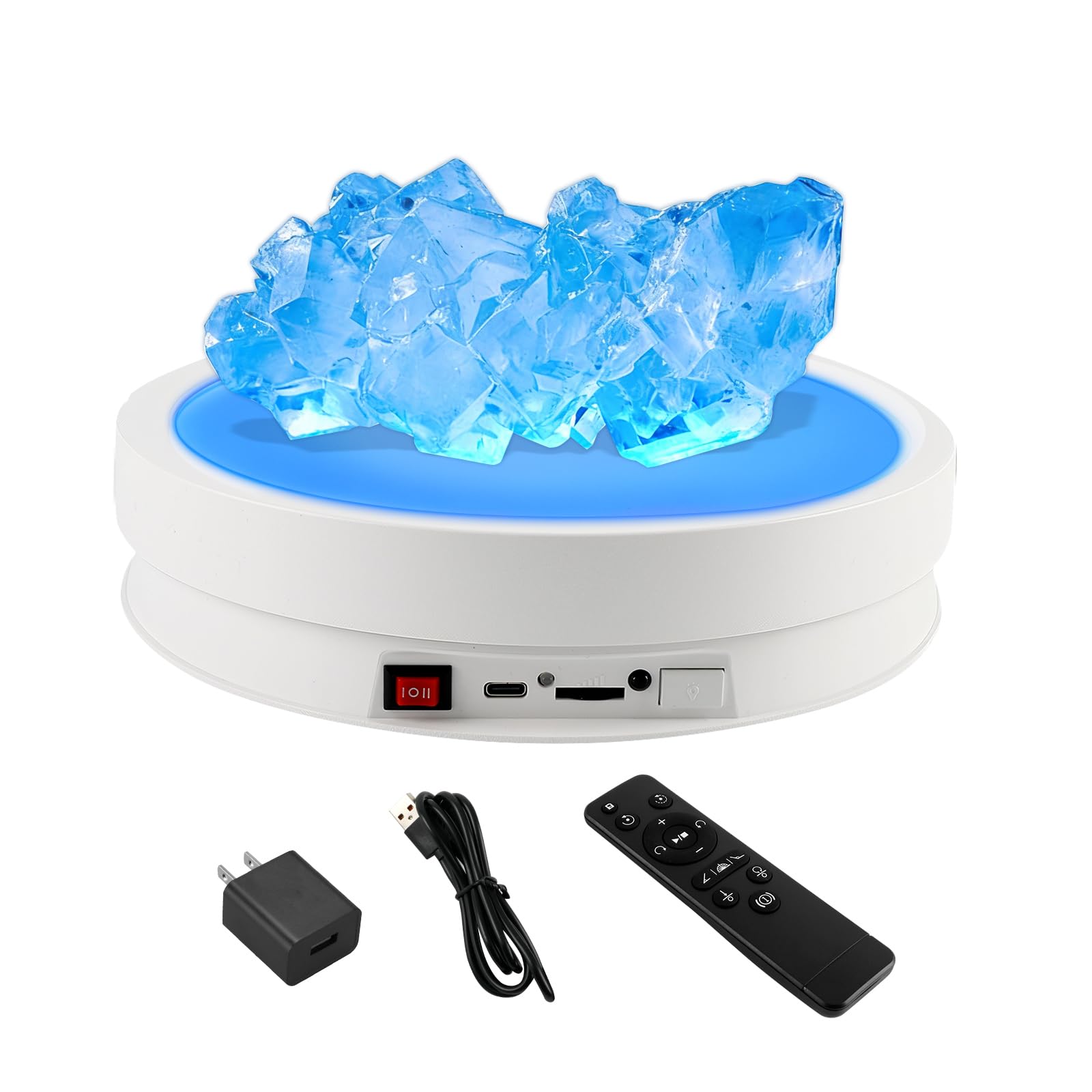 dcvbny 6-Color LED Rotating Display Stand – 360° Silent Turntable with Remote, 44 lbs Capacity, Rechargeable/USB Powered Photography Turntable for Crystal Glass Spherical Art (8.66" White)