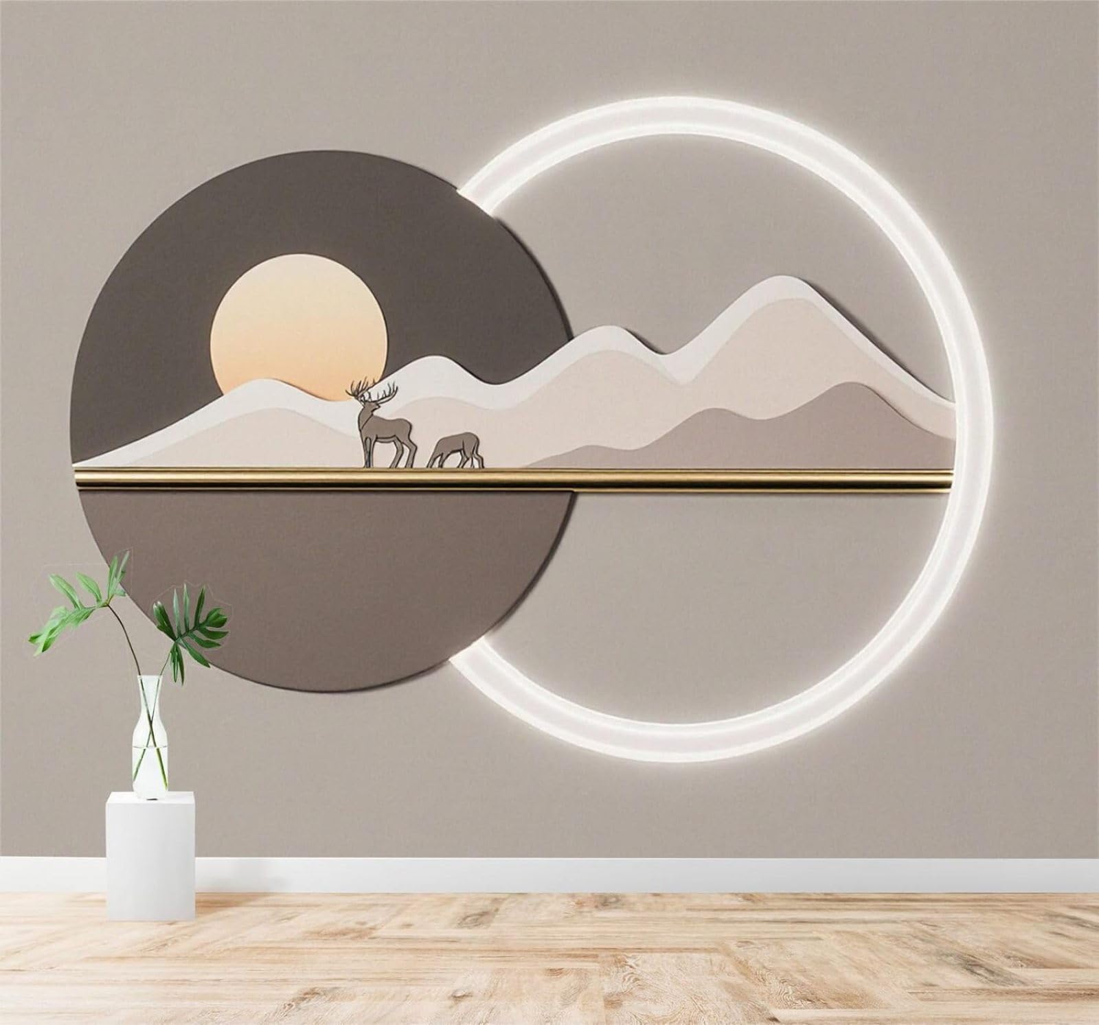 Xlming 200Cm×140Cm(B×H) Minimalist Herd Of Deer Sunset Geometric Circles Mountain Scenery 3D Wallpaper Silky Texture Home Study Office Grey Dining Room Sofa Bedroom Living Room Tv Backdrop-200Cm×140Cm