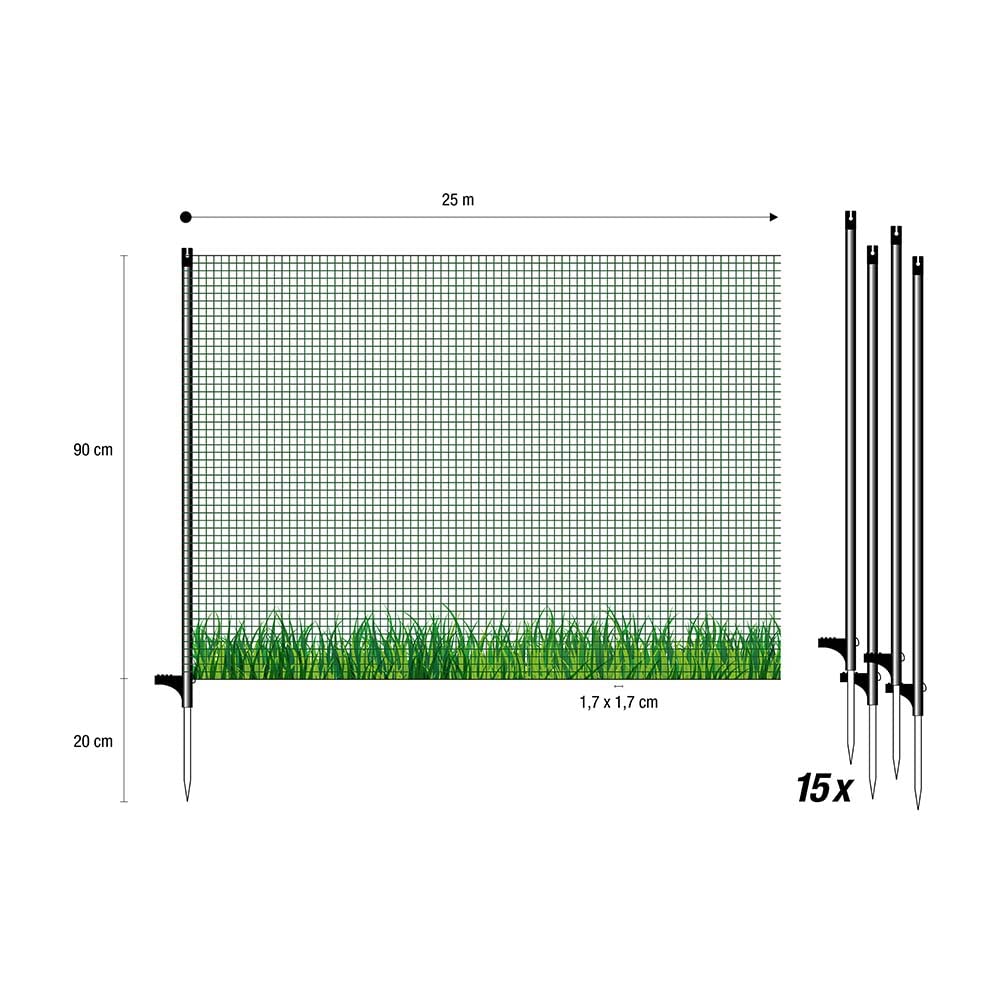 horizont Flex cercado perimetral móvil Especial con 15 Postes Separados de Fibra de Vidrio, 25 m de Largo y 90 cm de Alto, Red de jardín, Valla para Perros y Camping