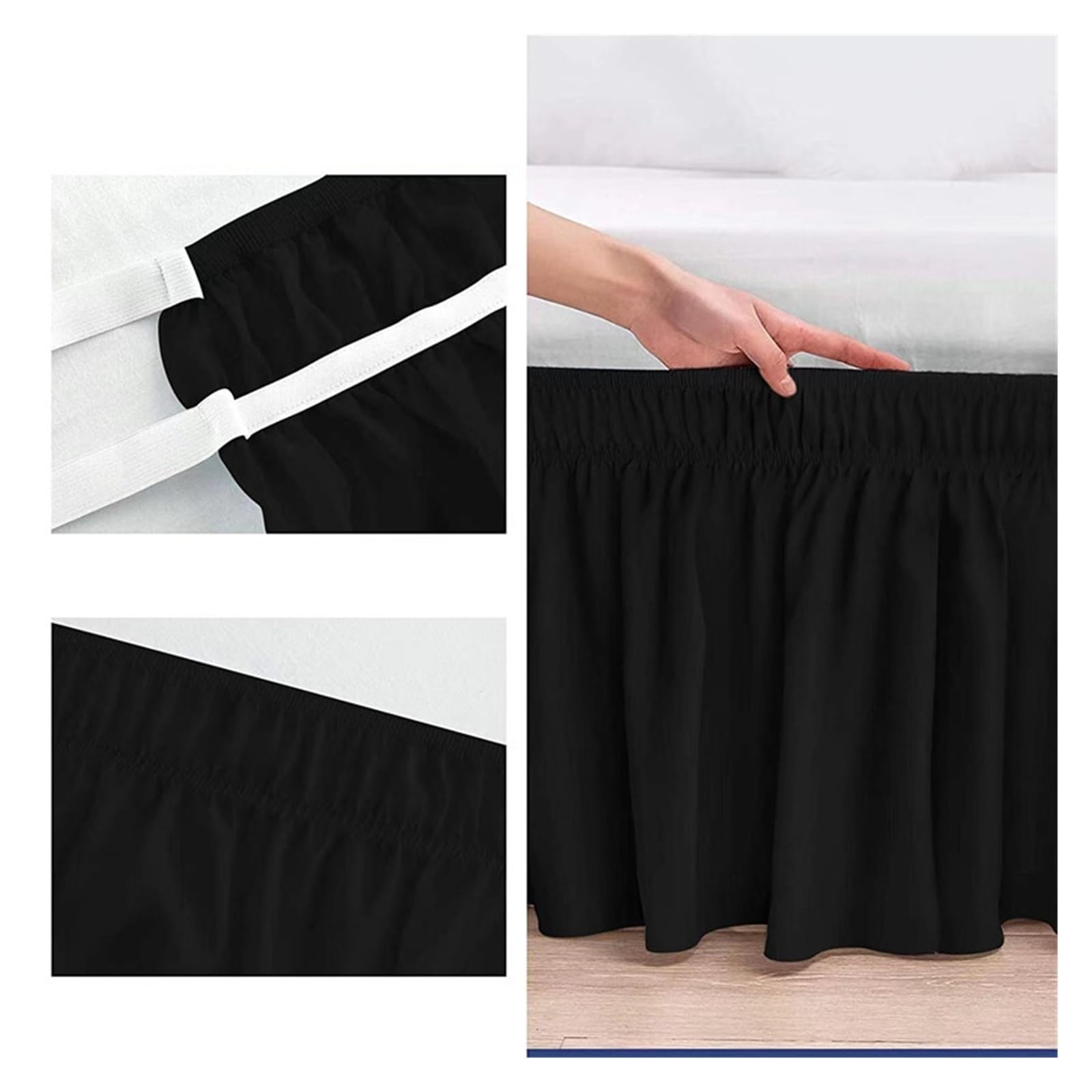 WENYOG Bed skirts Solid Color Wrap Around Ruffled Bed Skirt with Strong Elastic -Fade Resistant Fabric 15 Inch High(Black,Queen 150x200x38cm)