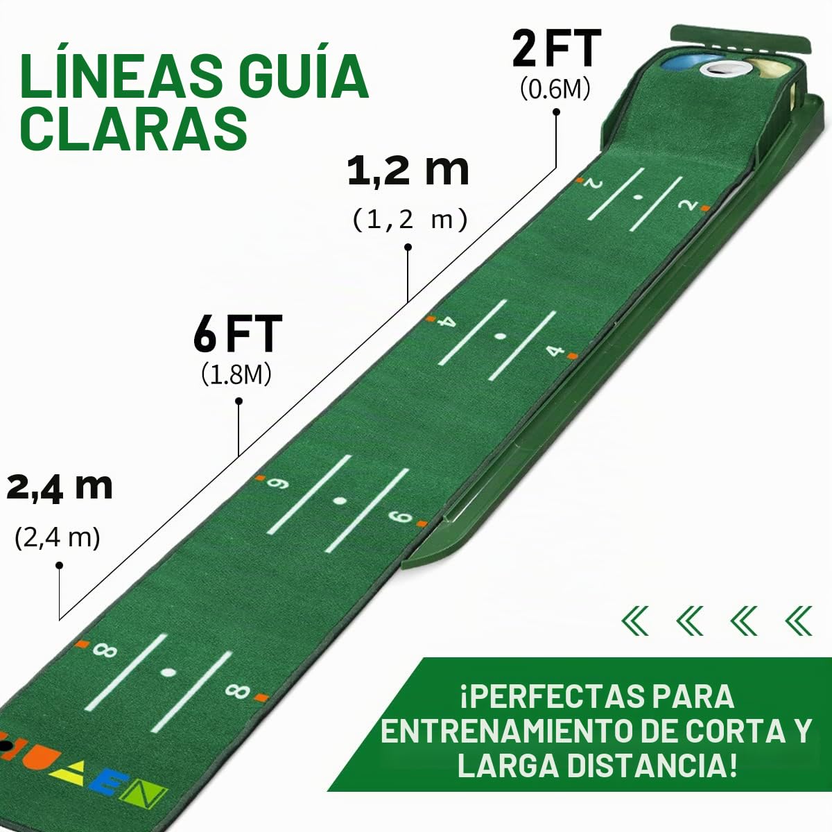 Tapete Verde de Golf para Interiores Con Retorno de Pelota y 3 Agujeros - Equipo de Entrenamiento y Práctica en Casa u Oficina - Accesorios de Regalo
