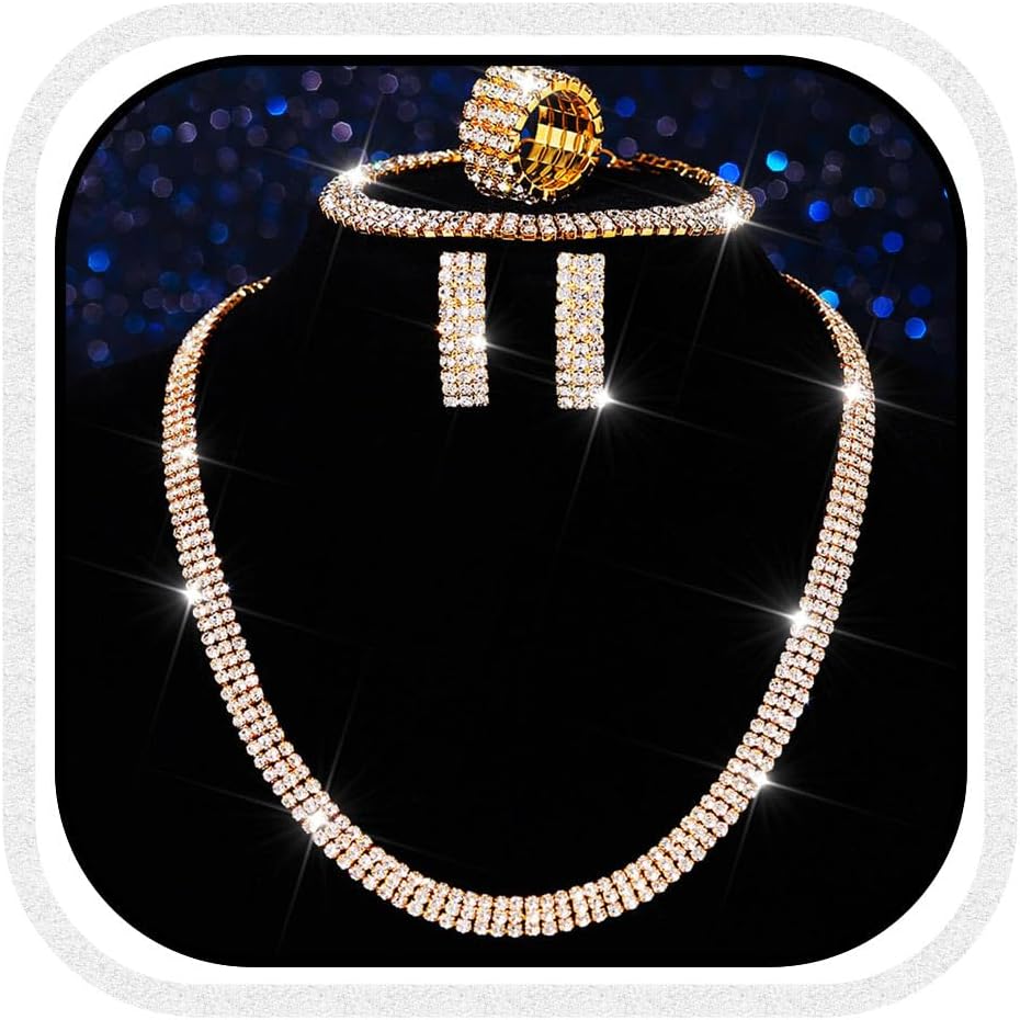 Aukmla Rhinestones Bridal Wedding Jewelry Set Silver Choker Necklaces Earrings Bracelet Ring Sets Prom Jewelry for Women