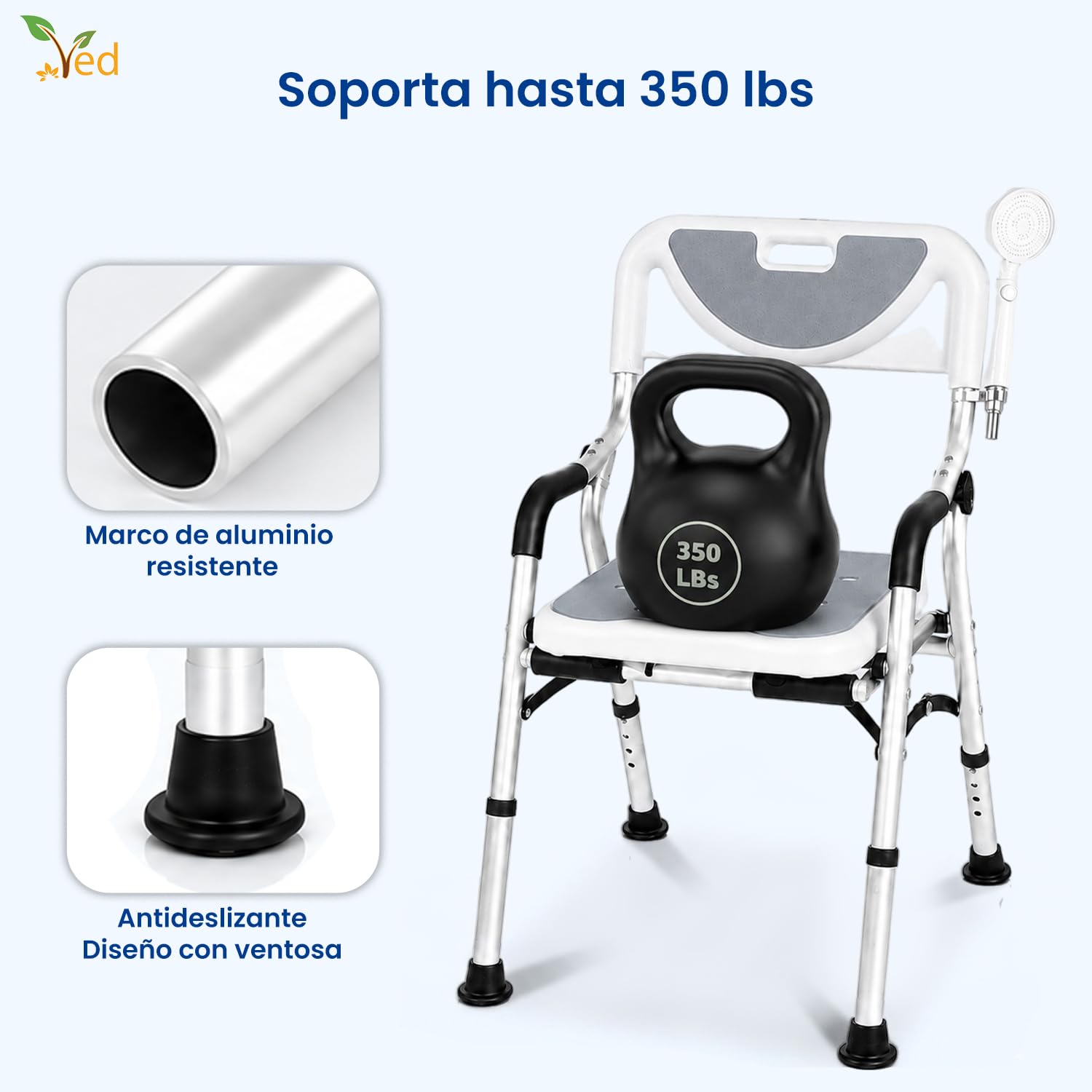 Silla de Ducha con Taburete VED, Asiento de bañera, Silla de Ducha Plegable, Asiento de baño portátil con Patas de Aluminio duraderas, Ajustable con Respaldo para baño.