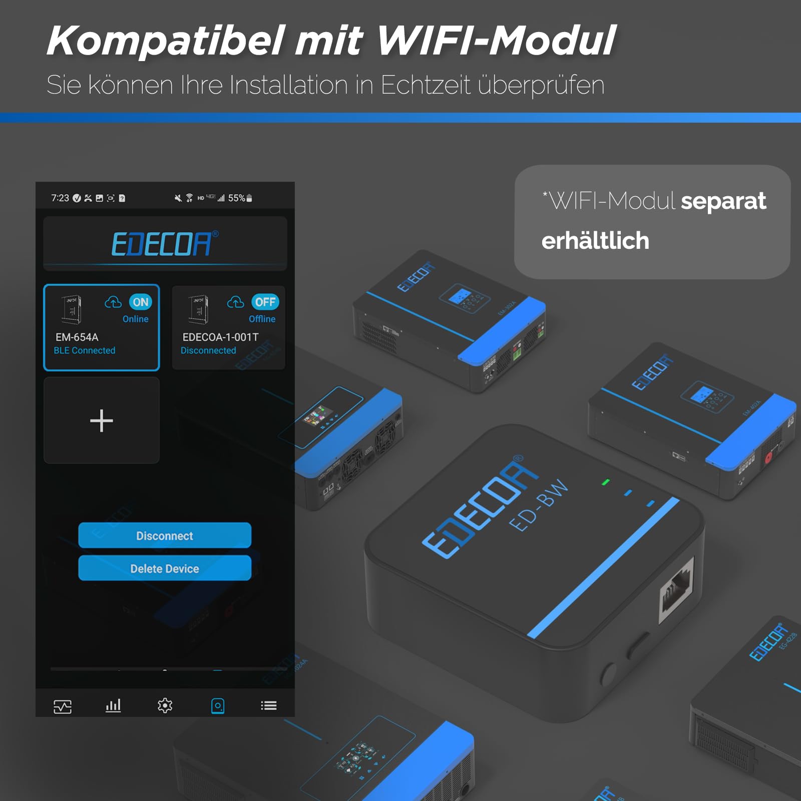 EDECOA 6200w Hybrid Wechselrichter 48v auf 230v 7000VA/6200W Solar Ladegerät MPPT 110A Reiner Sinus (Off-Grid) mit Batterieladegerät, Netzpriorität, Solarladeregler (Kompatibles WiFi-Modul)