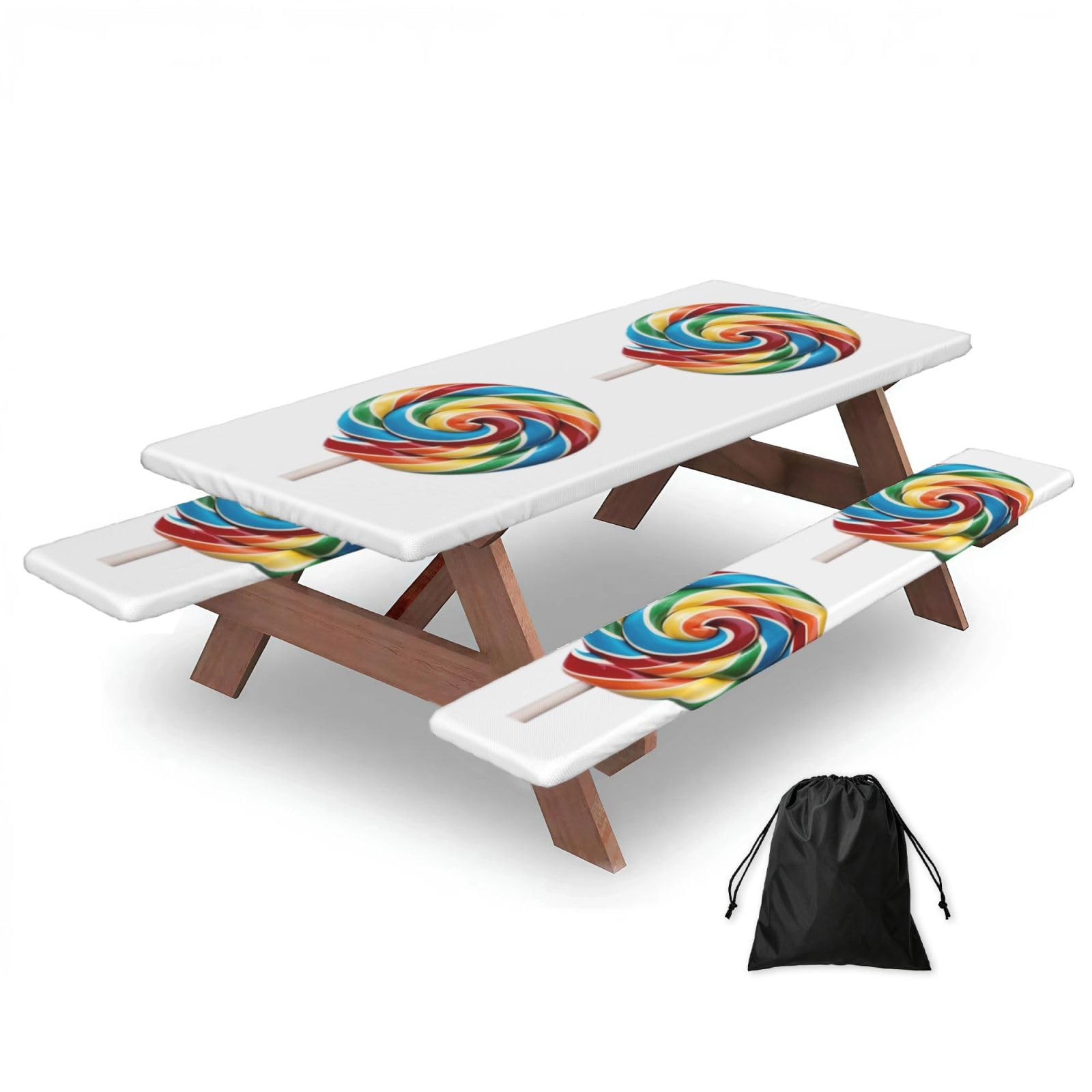 Zyjhyy Black Lollipop Print Party Table Covers With Bench Covers Set Of 3 Picnic Table Cloth Wipe Clean For Garden Camping